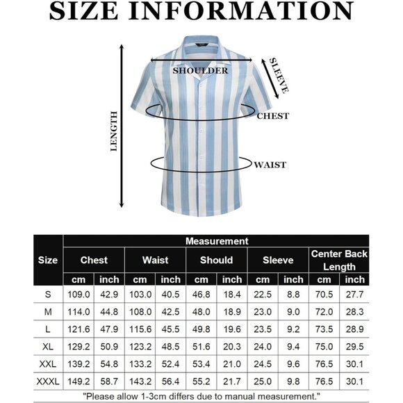 Men's Blue Thick Stripe Casual Short Sleeve Button Down Textured Beach Shirts - Picture 6 of 6